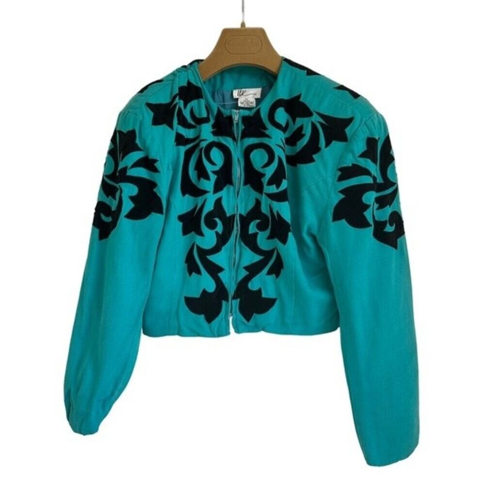 Vintage 1990s Cropped Jacket Shoulder Pads Western Teal Turquoise Dolly Parton M